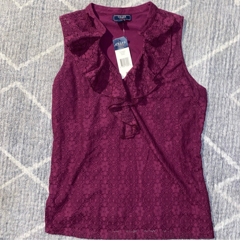 Women's Chaps Sleeveless Maroon Ruffle Tank Top Sz Medium Great summer blouse